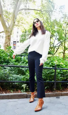 Easy Outfits: A White Sweater, Jeans, Boots, and Sunglasses