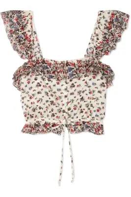 LoveShackFancy Mia Cropped Ruffled Floral-Print Cotton Top