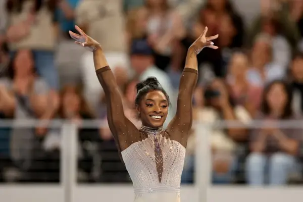 FORT WORTH, TEXAS - JUNE 02: Simone Biles competes in the floor exercise during the 2024 Xfinity U.S. Gymnastics Championships at Dickies Arena on June 02, 2024 in Fort Worth, Texas. (Photo by Elsa/Getty Images)