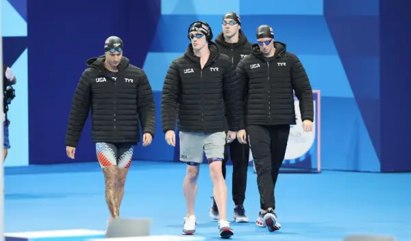 NANTERRE, FRANCE - JULY 27: Caeleb Dressel of Team United States, Jack Alexy, Chris Guiliano and Hunter Armstrong before the Men