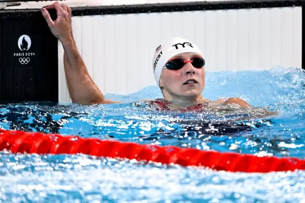 Katie Ledecky of United States of America reacts after competing in the swimming 400m Freestyle Women Heats during the Paris 2024 Olympic Games at La Defense Arena. Paris (France), July 27th, 2024. (Photo by DBM/Insidefoto/Mondadori Portfolio via Getty Im