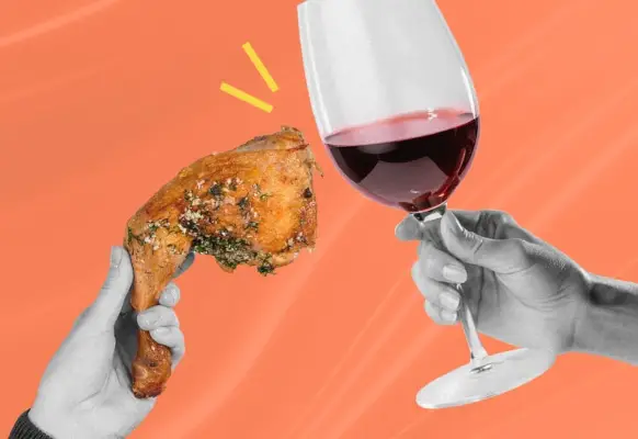 Designed Image of a Hand Holding a Turkey Leg and Another Hand Holding a Glass of Red Wine 