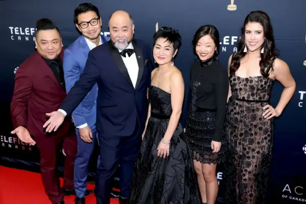 TORONTO, ON - MARCH 11: (L-R) Simu Liu, Andrew Phung, Paul Sun-Hyung Lee, Jean Yoon, Andrea Bang and Nicole Power arrive at the 2018 Canadian Screen Awards at the Sony Centre for the Performing Arts on March 11, 2018 in Toronto, Canada. (Photo by Isaiah