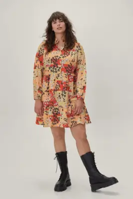 Nasty Gal Plus Size Floral Patchwork Print Smock Dress
