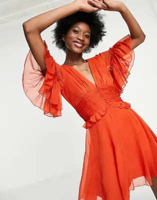 ASOS Design Flutter Sleeve Midi Dress With Pleated Waist and Button Detail in Rust