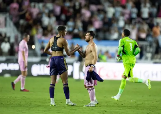 FORT LAUDERDALE, FLORIDA - AUGUST 02: Lionel Messi of Inter Miami CF swaps shirts with Rafael Santos (Orlando City SC) after the finish of the Leagues Cup 2023 match against Orlando City SC (1) and Inter Miami CF (3) at the DRV PNK Stadium on August 2nd