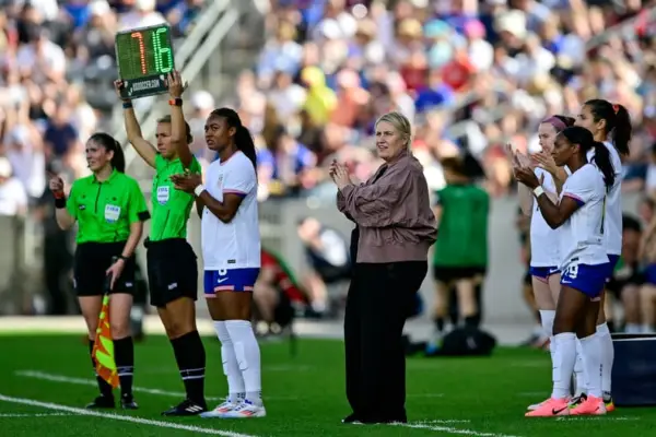 COMMERCE CITY, CO - JUNE 01: United States head coach Emma Hayes looks on as she makes a substitution during a match between the U.S. Women